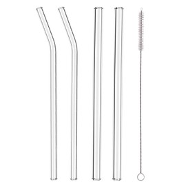 Pack of 4 Eco Friendly Reusable Glass Straws for Smoothie Cocktail Milkshake Cold Drinks (2 Straight 2 Bent and Cleaning Brush)