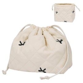 Lyssiatina Drawstring Cotton Quilted Makeup Bag，Coquette Cute Travel Toiletry Organizer with Canvas Lining，Aesthetic Cosmetic Pouch for Women & Girls（Black Bow）