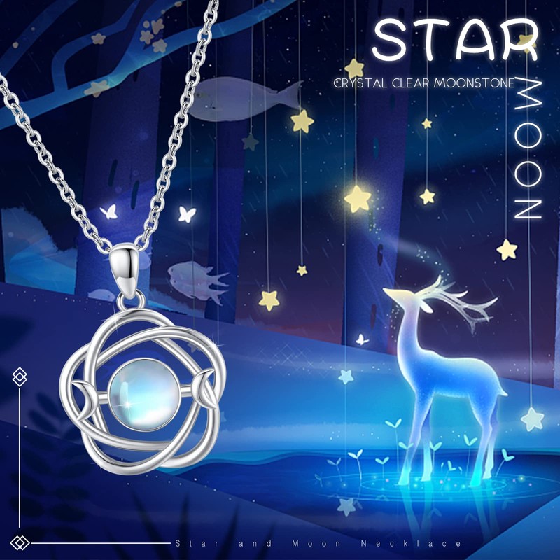 Triple Moon Goddess Necklace Sterling Silver Moonstone Wicca Pendant Pentagram