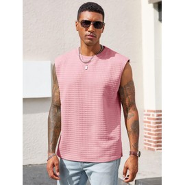 Runcati Men's Workout Tank Tops Waffle Casual Sleeveless T Shirts Gym Cut Off Beach Summer Tee Pink