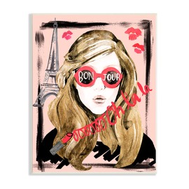 Stupell Industries Bon Jour Greeting Red Shades Glam Parisian Woman, Designed by Jennifer Parker Wall Plaque, 13 x 19, Pink