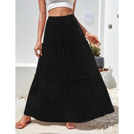 Hotouch Skirt Women's Long High Waist Skirts Elegant Maxi Skirt A-line Layering Drawstring Midi Casual Skirt Plain Skirt with Pockets, black, S