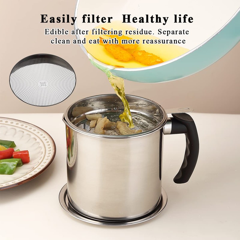 Kyraton Bacon Grease Container With Strainer, 48 oz Stainless Steel