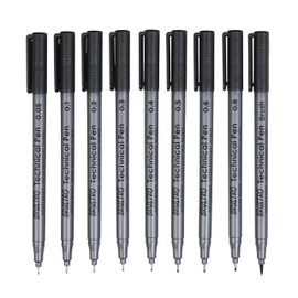 BRUSTRO Technical Pen Fineliner | Black Colour | 0.05mm | 0.1mm | 0.2mm | 0.3mm | 0.4mm | 0.5mm | 0.6mm | 0.8mm | & Brush | Ideal for Illustrations, Doodle, Mandala, Fineart, Architecture (Set of 9)