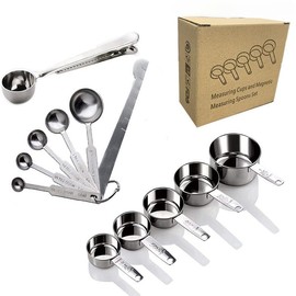Edelstahl Messlöffel Set - 12-teiliges Premium Set, einschließlich Löffelklammer, Messlöffel, Messbecher Set, Measuring Cups für trockene & flüssige Zutaten - Messlöffel Gramm, Cup Messbecher Set