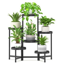 iDavosic.ly 6 Tier Folding Plant Stand Indoor Outdoor with Plastic Tray, Tiered Corner Flower Holder Shelf, Metal Orchid Display Rack for Patio Porch Living Room Garden Balcony, Modern Black