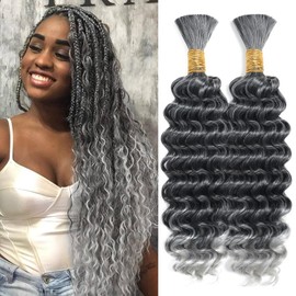 Deep Wave Bulk Braiding Hair for Boho Braids 20 Inch 2 Bundles 200g Ombre Gray Curly Boho Hair for Braiding No Weft Wet and Wavy Hair Extensions (#1B/Gray)