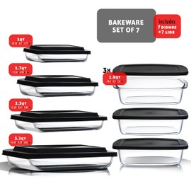 EATEX 7-Pack Glass Food Storage Containers with Lids Baking Pans Set, Glass Baking Dishes for Oven | 4 Casserole Dishes for Oven and 3 Glass Bread Pans for Bread Baking, Oven Microwave Freezer Safe