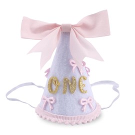 BOXOB Pink Bow 1st Birthday Hat, Princess First Birthday Decorations Cute Glitter Number Cone Hat Photo Props for Girls