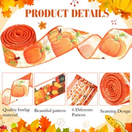 Tigeen 6 Rolls 30 Yards Fall Wired Edge Ribbons Orange Pumpkin Maple Leaf Turkey Plaid Print Decorative Burlap Ribbons for Thanksgiving Autumn Harvest Party Wreath Bows Crafts Making, 2 Inch