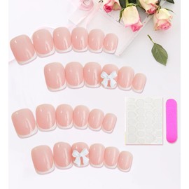 24Pcs French Tip False Nails, Square Nails with Glue, Press on Nails Short, Stick on Nails French Tip, Fake Nails with Bow, White French Nail Tips for Women Girls Nails Art
