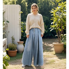 UQJE Women's Wide Leg Baggy Jeans Plus Size Loose Elastic Waist Denim Pants with Deep Pockets Light Blue