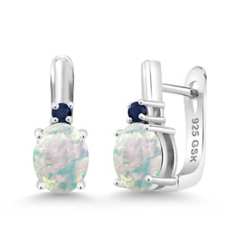 Gem Stone King 925 Sterling Silver White Simulated Opal and Blue Sapphire Earrings For Women (3.36 Cttw, Gemstone October Birthstone, Oval Cabochon 9X7MM)