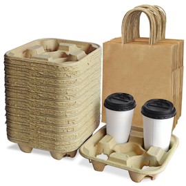 Take-Out Paper Bags and Four Drink Paper Trays 25 Pack, Four Cup Carrier Tray Coffee Cup Holder Disposable Cup Holder Tray,Brown Baper Bags with Handles Bulk (Four-Cup Size)
