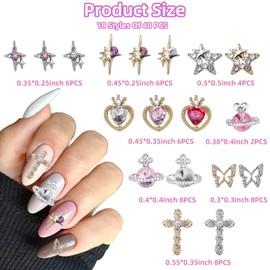 48 Pcs Heart Nail Gems, Silver Heart Star Planet Nail Gems Charms Cross Butterfly Nail Art Charms, Gold Silver Heart Star Nail Charms for Acrylic Nails Women DIY Nail Charms