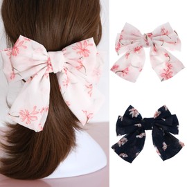 Aysekone 2 Pieces Chiffon Big Hair Bows Bow Hair Clips Ponytail Holders Large Hair Bows Hair Bows Hair Clips Daisy Hair Clips Floral Hair Bow Clips for Women Girls(Navy Blue+White)