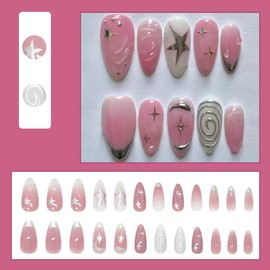 24 Pcs Summer Press on Nails Short Almond,MINGCHUN Pink Fake Nails Press ons Acrylic Nail Art Tips Kit Full Cover False Nails Glue on Nails with 3D Texture Star Circle Design for Women Nail Supplies
