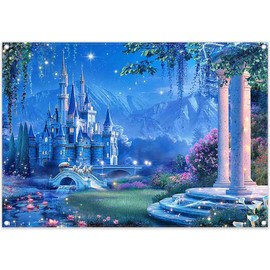 Monalivest Fabric 7x5ft Blue Fairytale Castle Night Sky Backdrop