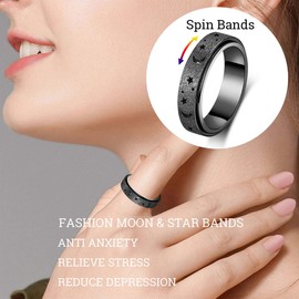AmorArtSky Spinner Ring for Women: Anxiety Ring for Women Men, Titanium Stainless Steel Spinner Ring, 5 Colors, 6MM, Size 9, Fidget Ring, Moon Star, Hollow Outer-Black