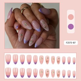 Nude Purple 3D Rhinestones Fake Nails Press On Nails Medium Long Almond,Glossy with Designs Full Cover Acrylic Glue on Nails False Nails Thick French Tip Stick on Nails for Women 24Pcs FZ075-B7