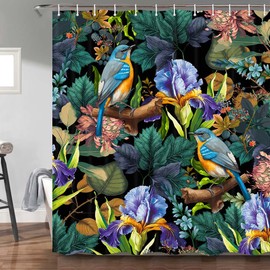 Torich Black Boho Floral Shower Curtain, Unique Colorful Bohemian Mandala Beautiful Dark Flower Leaves Bathroom Curtain, Mid Century Bright Blossom Modern Aesthetic Accessories Purple