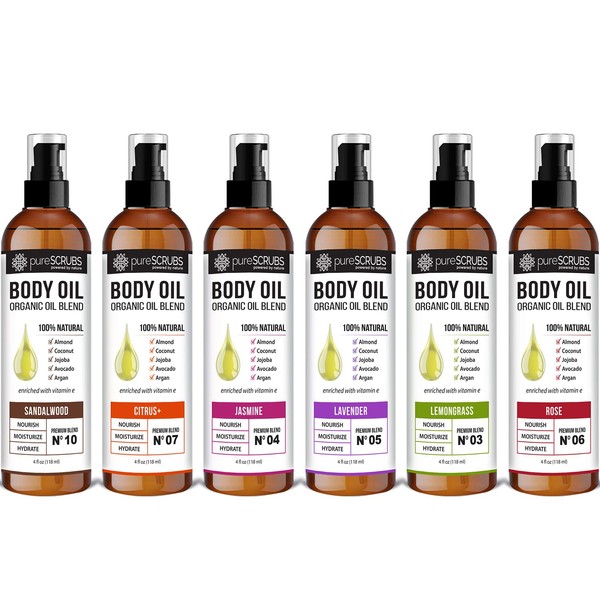 pureSCRUBS Ultra Moisturizing BODY OIL Sprays For Dry Skin, Stretch Marks & More, Organic Super Blend of Oils Enriched with Vitamin E - [SIX BOTTLE VARIETY - VALUE/GIFT SET]