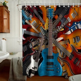 Final Friday Music Shower Curtain Instruments Kinds of Guitar Musical Theme Fabric Bathroom Decor Sets with Grommets and Hooks 72 x 78 Inch Brown,White, Blue
