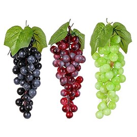 Halloluck 3 Bunches Artificial Grape Fake Grapes with Vines Lifelike Simulation Fruit Decorative for Kitchen Party Pub Home Cabinet Ornament(3 Colors, 60 kernels)