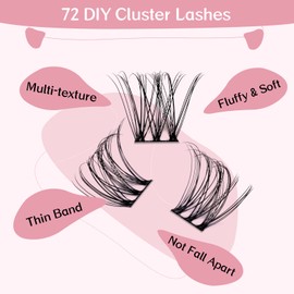 Cluster Eyelashes, Pack of 72 Individual Eyelashes, Eyelash Clusters, DIY Eyelash Extensions, Super-Thin Band, Reusable, Soft & Comfortable (Romantic-D-12 mm)