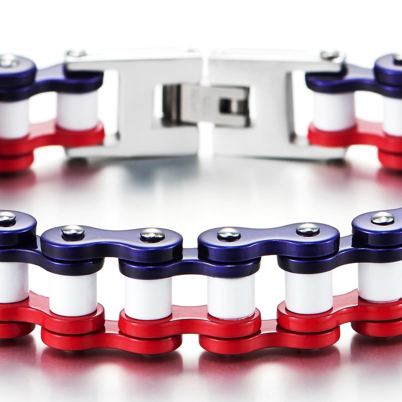COOLSTEELANDBEYOND Men’s Stainless Steel Bike Chain Bracelet Red White and