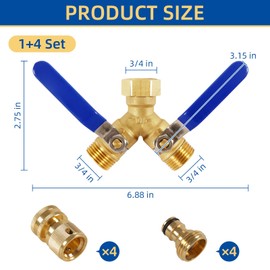 Brass Garden Hose Splitter 2 Way with 4 Set Garden Hose Quick Connect, Heavy Duty Brass Y Valve 3/4 Inch GHT Thread Hose Splitter, Hose Tap Adapter Garden Full Flow Hose Splitter Connector Set