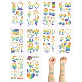 10Pcs Glitter Rainbow Temporary Tattoos for Kids, Vibrant Waterproof Temporary Tattoos for Girls & Boys, Fun Pride Party Favors, Birthday Gift, Festival Body Art Childrens Sticker
