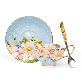 Glen Mila Bone China Tea Cups and Saucers Set Floral Tea Cups Fine China Tea Cups for Tea Party, 7-Ounce Teacup Set Porcelain Coffee Cup Set for Women