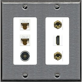 RiteAV 1 Speaker 2 Banana Binding Post Wall Plate 2 Cat6 1 x Toslink Optical and HDMI - 2 Gang [Stainless/White]