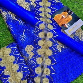 Elegant Blue and Gold Lace Fabric with Bazin and Trims - Color: A