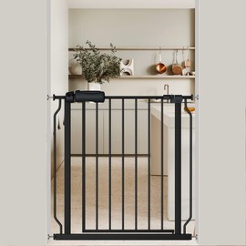 Flower Frail Black Baby Gate 29-34 Inch Wide Walk Through Pressure Mounted Safety Gate with Door No Drill Tension Metal Gate for Dog Cat and Toddler