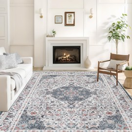 Dotiiorug Boho Washable Area Rug for Living Room,5x7 Low Pile Non Slip Carpet Kitchen Dining Room Soft Indoor Stain Resistant Bedroom Rugs Non-Shedding Beige/Green/Red