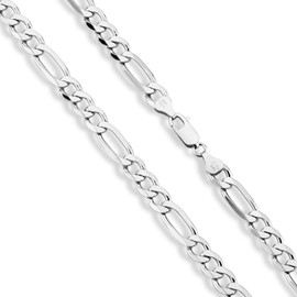 Miabella Italian 925 Sterling Silver 7mm Solid Diamond-Cut Figaro Link Chain Necklace for Men, Made in Italy, Sterling Silver, No Gemstone