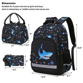 Kouxunt School Backpacks Set for Boys Teens, Kids Elementary Middle School Bag Bookbag with Insulated Lunch Bag Pencil Case (Shark)