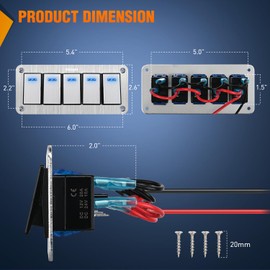 Nilight 5 Gang Rocker Switch Panel 3 Pin On Off Pre-Wired Rocker Switch Blue LED Waterproof Aluminum Panel with DIY Stickers for 12V 24V Automotive Cars Marine Boats UTV Truck Jeeps