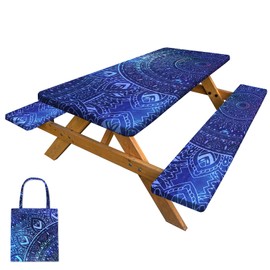 Picnic Table Cover with Bench Covers Camping Tablecloth with Storage Bag Windproof Waterproof Picnic Table Covers with Elastic for Camping