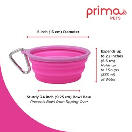 Sale: Prima Pet Expandable/ Collapsible Silicone Food & Water Travel Bowl with Clip for Small & Medium Dog and Cat, Size: 1.5 Cups (5.1 Inch Diameter Bowl) (Pink)