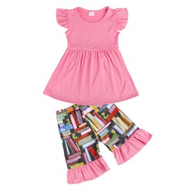 Yuromoon Toddler Girls Back to School Dress Pants Set Book Pencil Outfits Ruffle Dress 6-7Y