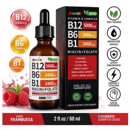 Vitamina B12 Líquida KAKEWEEU Complejo B con Metilcobalamina, para Cerebro y Corazón, Sabor Frambuesa