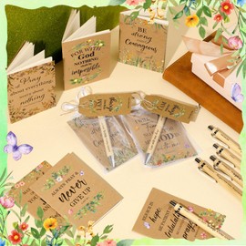 Qeeenar 200 Pcs Bible Verse Sets Church Christian Gift Bulk Include 50 Scripture Notebooks 50 Bible Ballpoint Pens 50 Thanks Tags 50 Organza Bags for Women Christian Party Gifts(Retro Color,Floral)