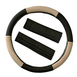 Yupbizauto 15" Car Steering Wheel Cover Selection 1 Set (PU Leather Black/Tan)