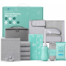 Mama & Wish Kit de recuperación de cesárea: 12 piezas esenciales para el posparto con faja abdominal, toallitas húmedas, parches de silicona para cicatrices, biberón, ropa interior, calcetines antides