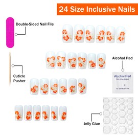 Flower Press on Nails Medium Square SWEKKE White Fake Nails False Nails with Designs Orange Floral Full Cover Glossy Glue on Nails Spring Summer Nails Acrylic Nails for Women Girls 24 Pcs