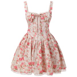 EFOGEP Women?s Floral Printed Corset Dress Spaghetti Strap Flare Summer Midi Dress Lace Trim Cami Dress Flowy Sundress Pink Floral XL