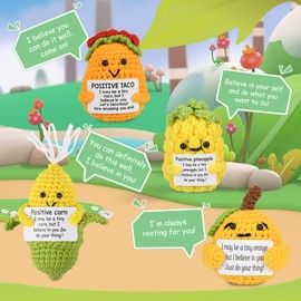 4Pcs Positive Tucker Cute Emotional Support ，Pickle Funny Mini Positive Crochet Dolls，Corn Pineapple Orange Holding Positive Cards Wool Knitted Toy ，Encouragement Gifts